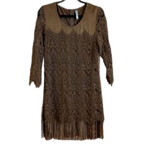 Lacy crochet brown suede feel dress fringes Med